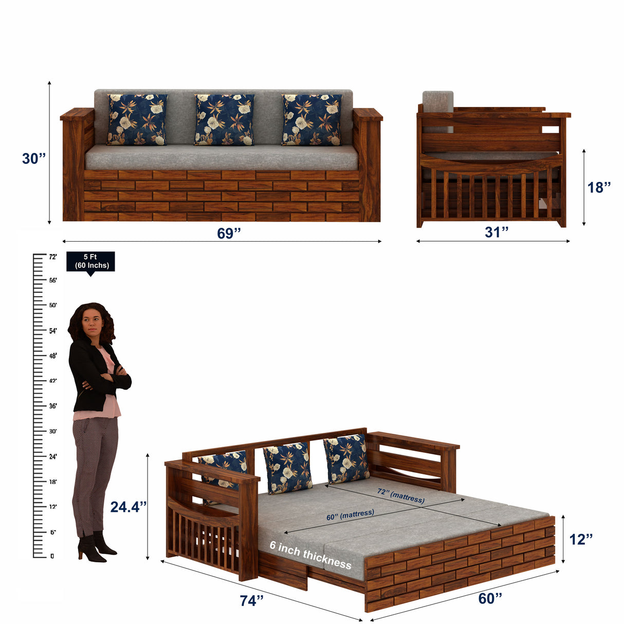 Italian Solid Sheesham Wood 3 Seater Sofa Cum Bed With Mini Storage and Side Pockets - 3 Years Warranty