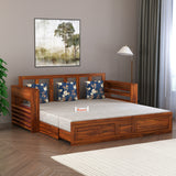 Lurid Solid Sheesham Wood 3 Seater Sofa Cum Bed Walnut with Side Pockets - 3 Years Warranty