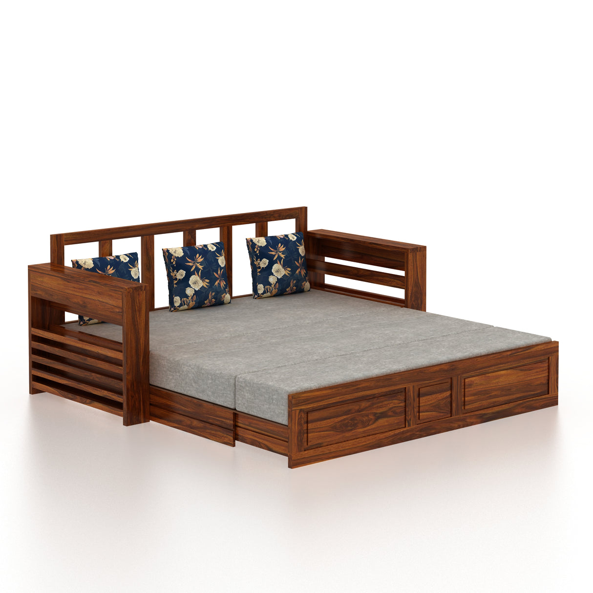 Lurid Solid Sheesham Wood 3 Seater Sofa Cum Bed Walnut with Side Pockets - 3 Years Warranty