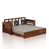 Lurid Solid Sheesham Wood 3 Seater Sofa Cum Bed Walnut with Side Pockets - 3 Years Warranty