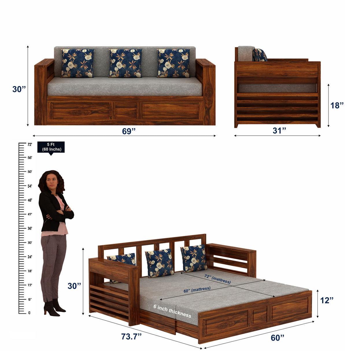 Lurid Solid Sheesham Wood 3 Seater Sofa Cum Bed Walnut with Side Pockets - 3 Years Warranty