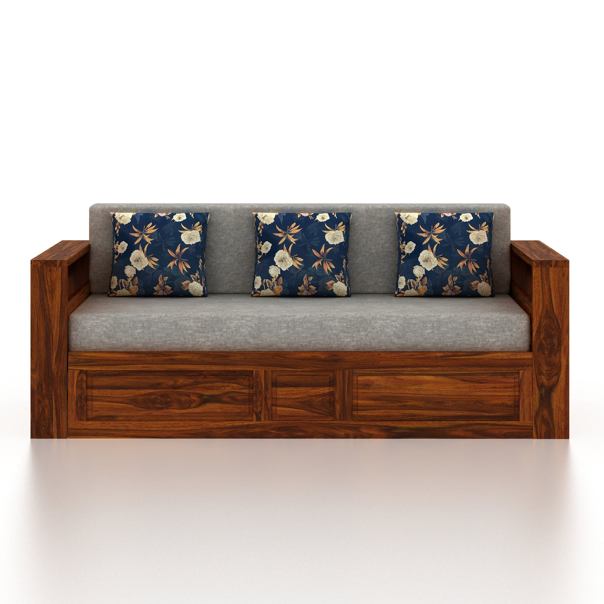 Lurid Solid Sheesham Wood 3 Seater Sofa Cum Bed Walnut with Side Pockets - 3 Years Warranty