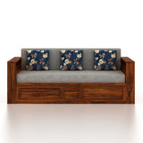 Lurid Solid Sheesham Wood 3 Seater Sofa Cum Bed Walnut with Side Pockets - 3 Years Warranty