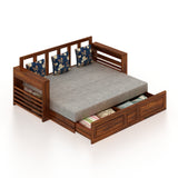 Lurid Solid Sheesham Wood 3 Seater Sofa Cum Bed Walnut with Side Pockets - 3 Years Warranty