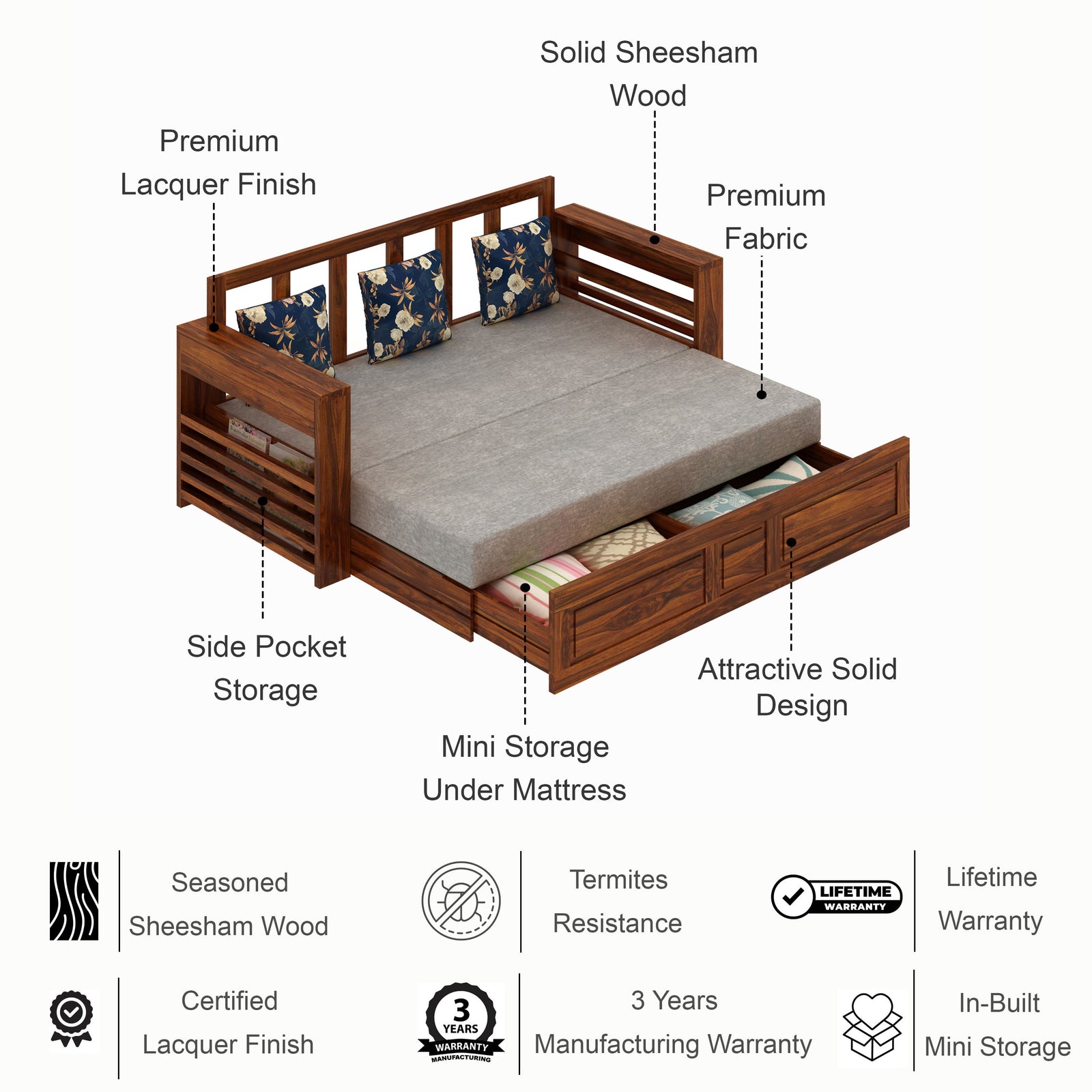 Lurid Solid Sheesham Wood 3 Seater Sofa Cum Bed Walnut with Side Pockets - 3 Years Warranty features