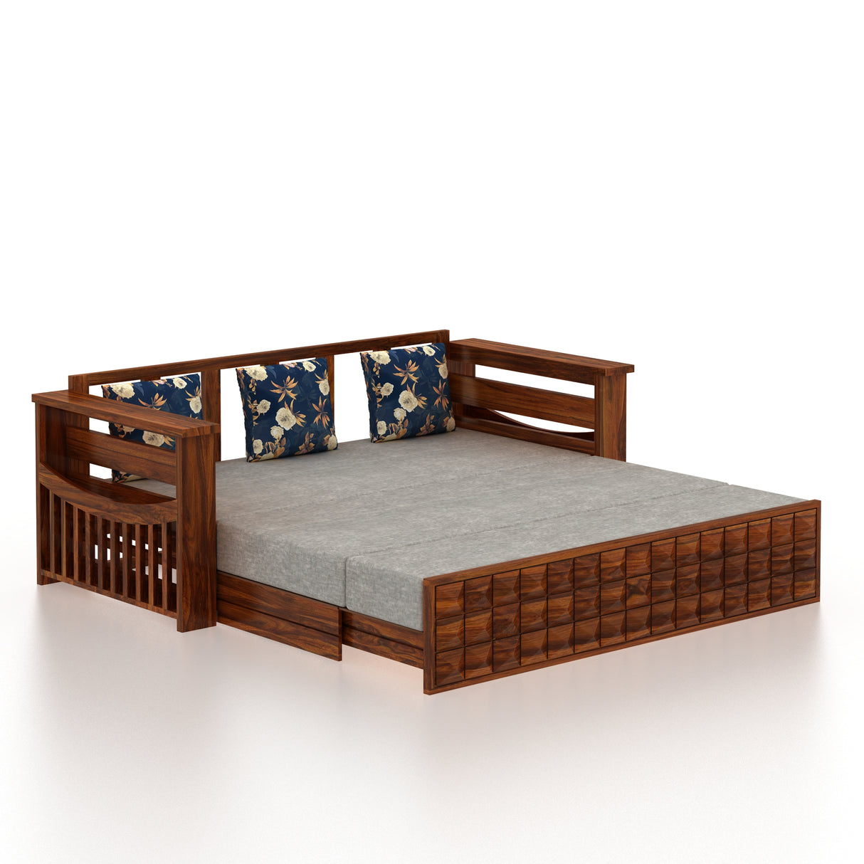 OSLO Solid Sheesham Wood 3 Seater Sofa Cum Bed With Mini Storage and Side Pockets - 3 Years Warranty