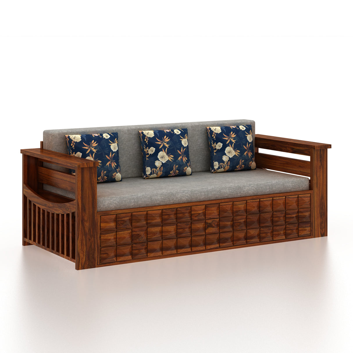 OSLO Solid Sheesham Wood 3 Seater Sofa Cum Bed With Mini Storage and Side Pockets - 3 Years Warranty