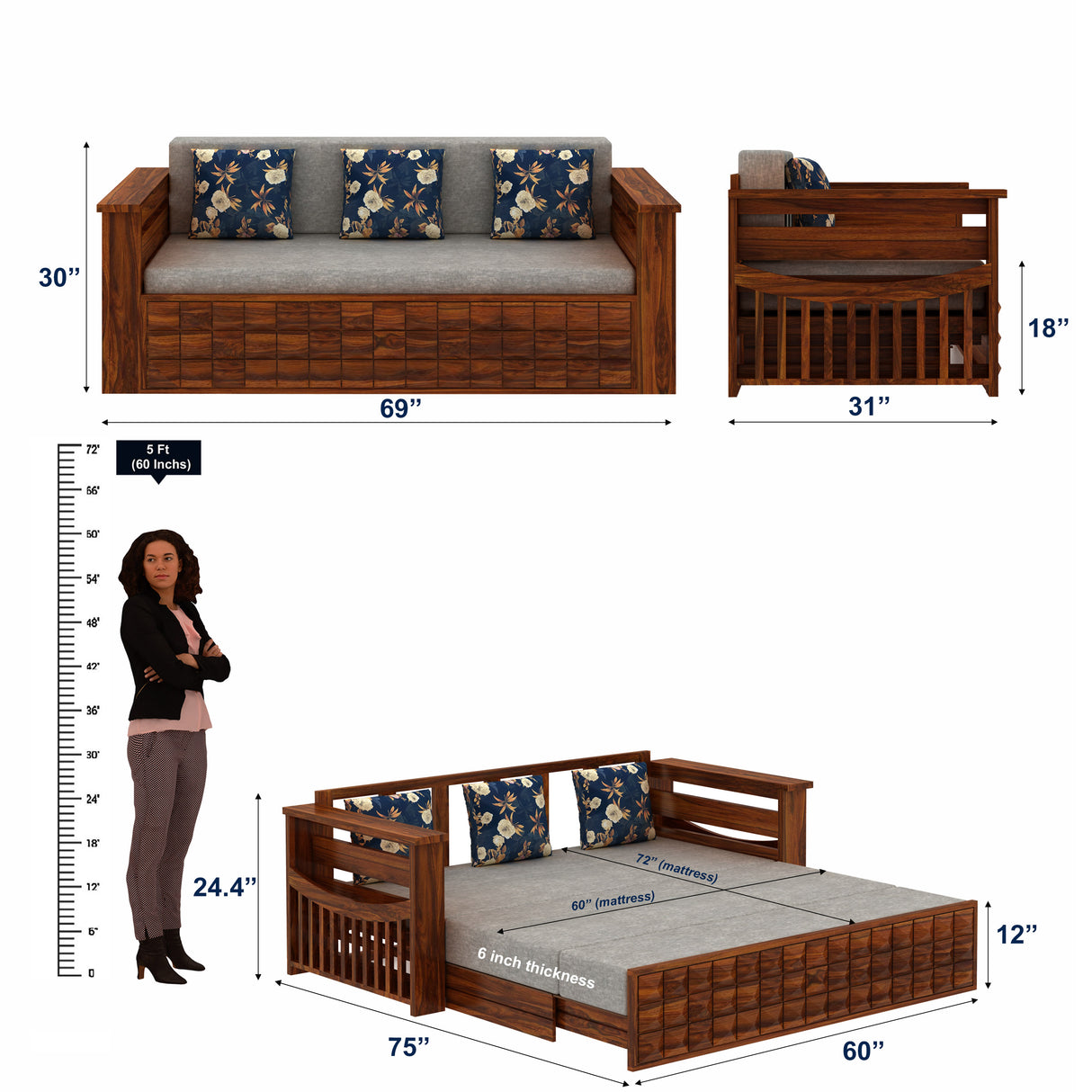 OSLO Solid Sheesham Wood 3 Seater Sofa Cum Bed With Mini Storage and Side Pockets - 3 Years Warranty