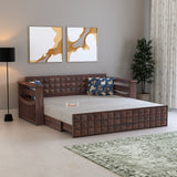 OSLO Solid Sheesham Wood 3 Seater Sofa Cum Bed With Headboard and Mini Storage - 3 Years Warranty