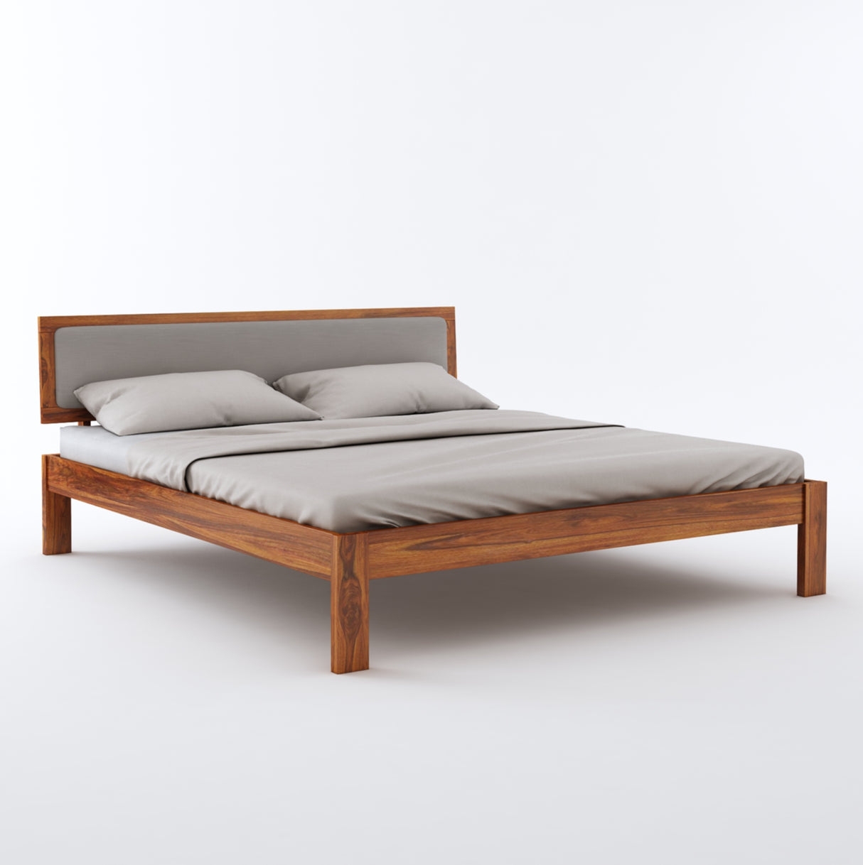 Euro Solid Sheesham Wood Bed With Upholstered Headboard - 3 Years Warranty