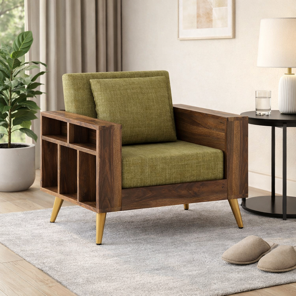 Bolt Solid Sheesham Wood Single Seater Sofa With Side Storage - 3 Year Warranty (LUXE EDITION)