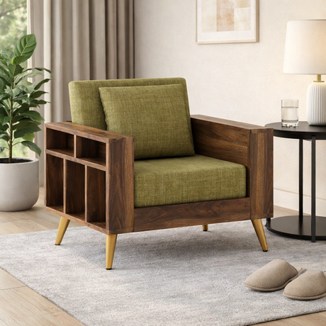 Bolt Solid Sheesham Wood Single Seater Sofa With Side Storage - 3 Year Warranty (LUXE EDITION)