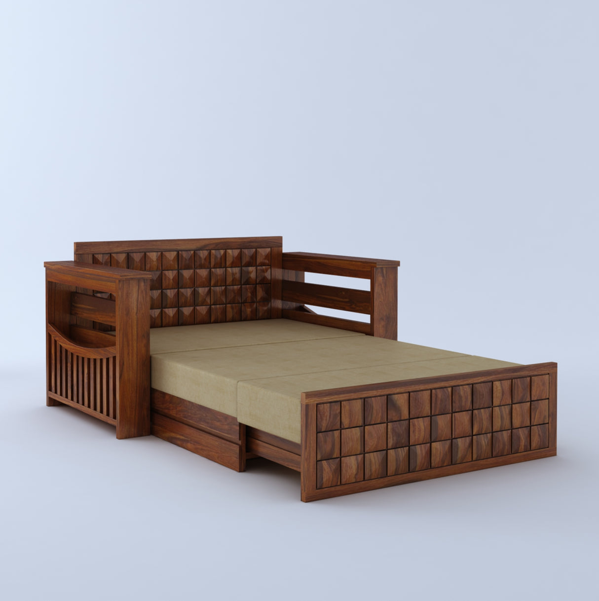 OSLO Solid Sheesham Wood 2 Seater Sofa Cum Bed With Headboard and Mini Storage - 3 Years Warranty