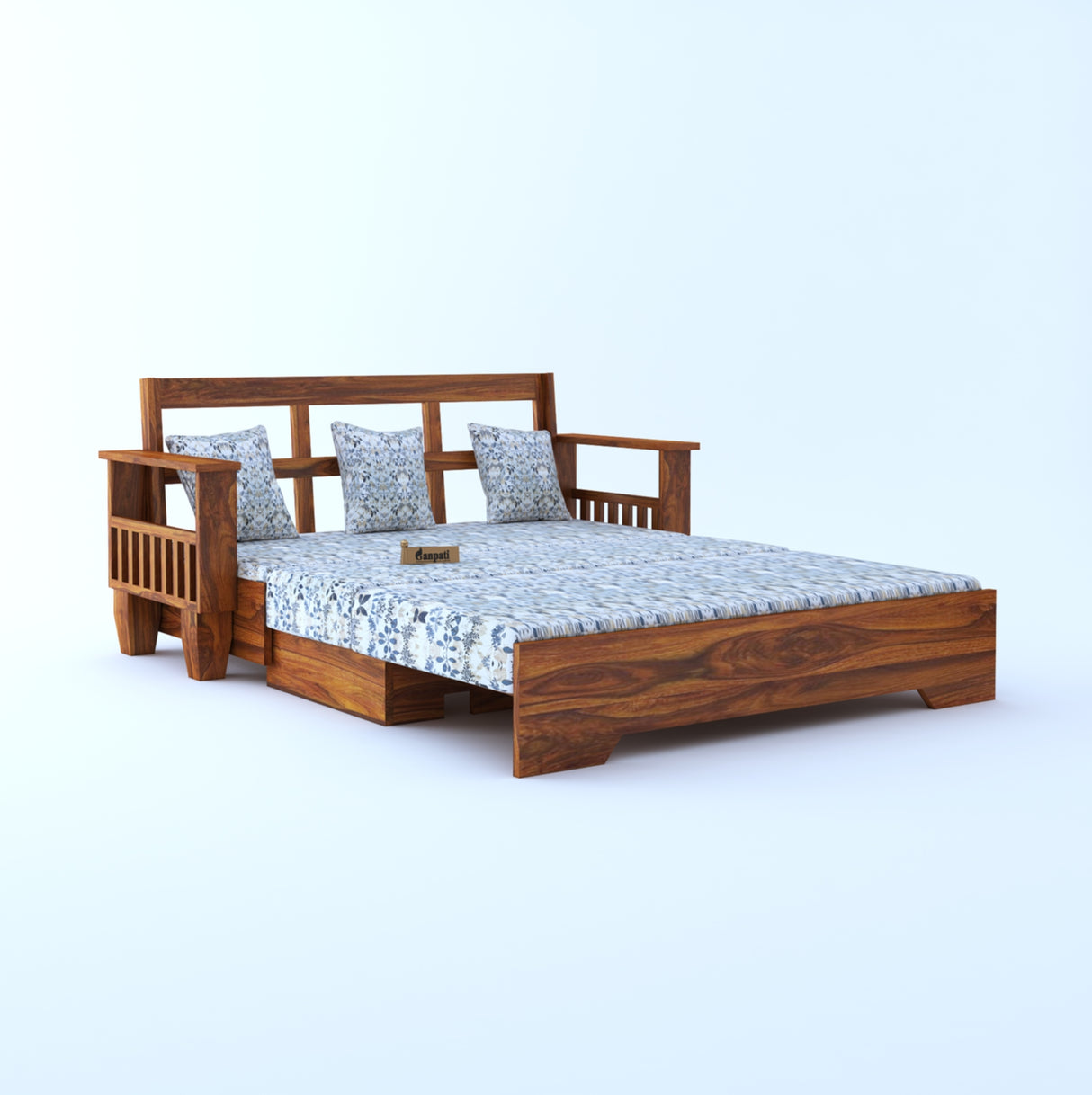 Maharaja Solid Sheesham Wood 3 Seater Sofa Cum Bed With Side Pockets FLORAL - 3 Years Warranty