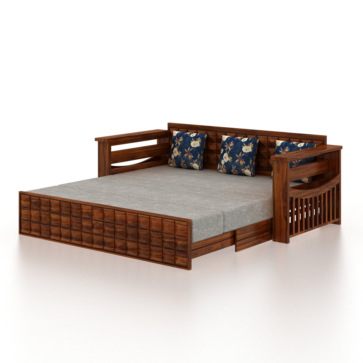 OSLO Solid Sheesham Wood 3 Seater Sofa Cum Bed With Headboard and Mini Storage - 3 Years Warranty