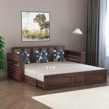 Lurid Solid Sheesham Wood 3 Seater Sofa Cum Bed Walnut with Side Pockets - 3 Years Warranty
