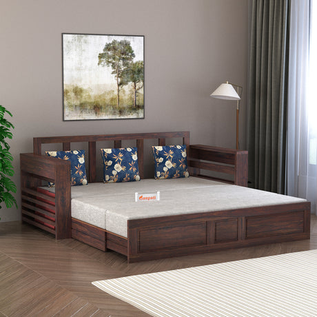 Lurid Solid Sheesham Wood 3 Seater Sofa Cum Bed Walnut with Side Pockets - 3 Years Warranty