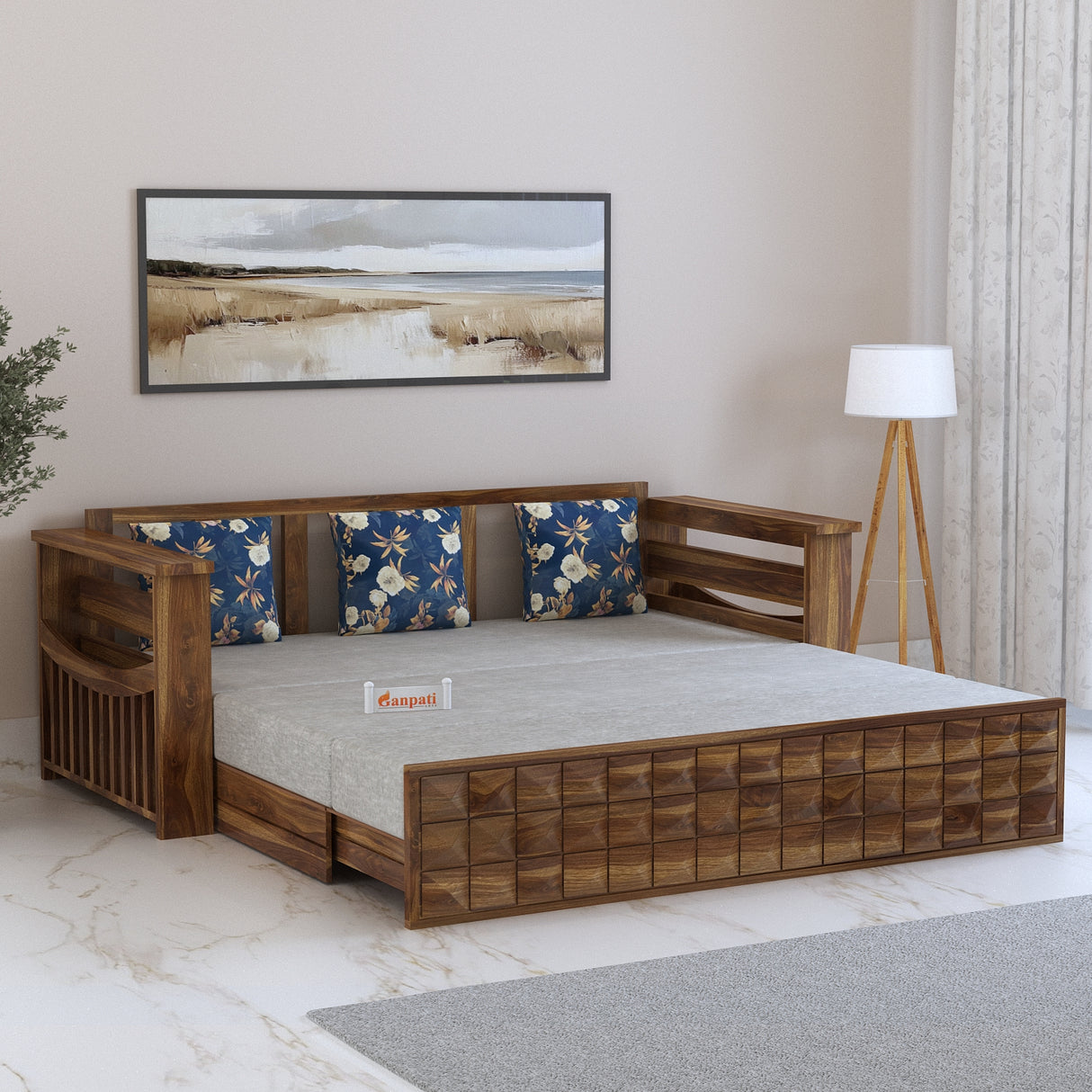 OSLO Solid Sheesham Wood 3 Seater Sofa Cum Bed With Mini Storage and Side Pockets - 3 Years Warranty