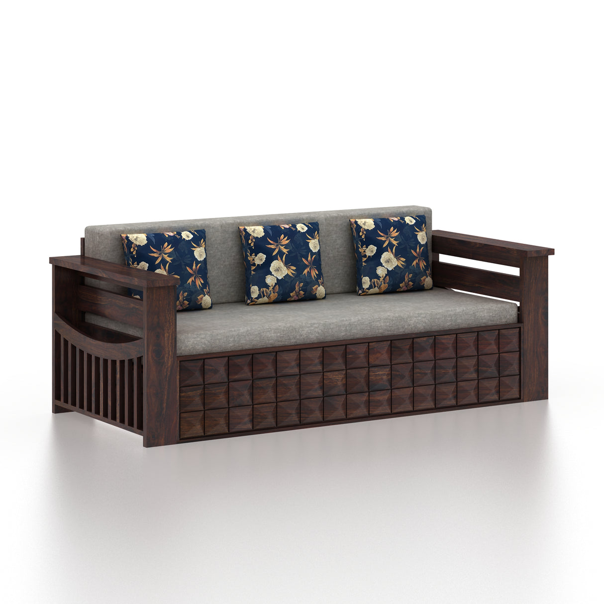 OSLO Solid Sheesham Wood 3 Seater Sofa Cum Bed With Headboard and Mini Storage - 3 Years Warranty