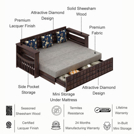 OSLO Solid Sheesham Wood 3 Seater Sofa Cum Bed With Headboard and Mini Storage - 3 Years Warranty