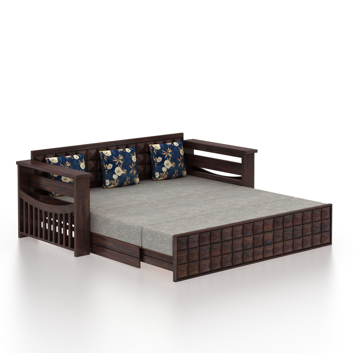 OSLO Solid Sheesham Wood 3 Seater Sofa Cum Bed With Headboard and Mini Storage - 3 Years Warranty