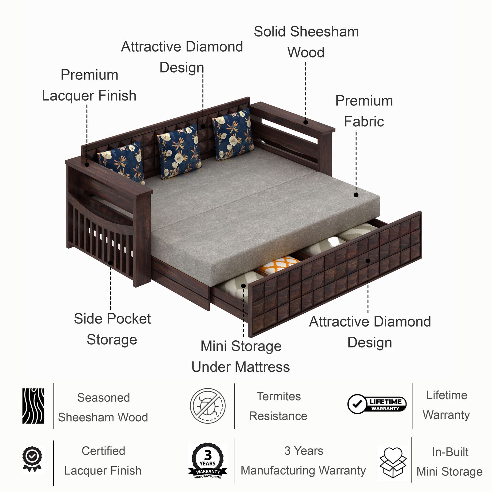 OSLO Solid Sheesham Wood 3 Seater Sofa Cum Bed With Headboard and Mini Storage - 3 Years Warranty features