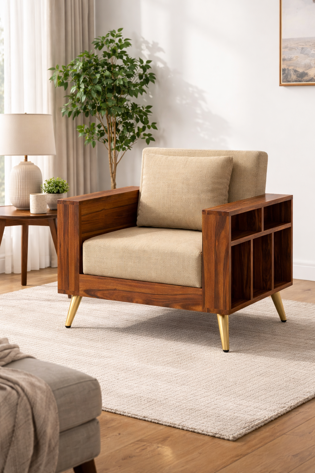 Bolt Solid Sheesham Wood Single Seater Sofa With Side Storage - 3 Year Warranty (LUXE EDITION)