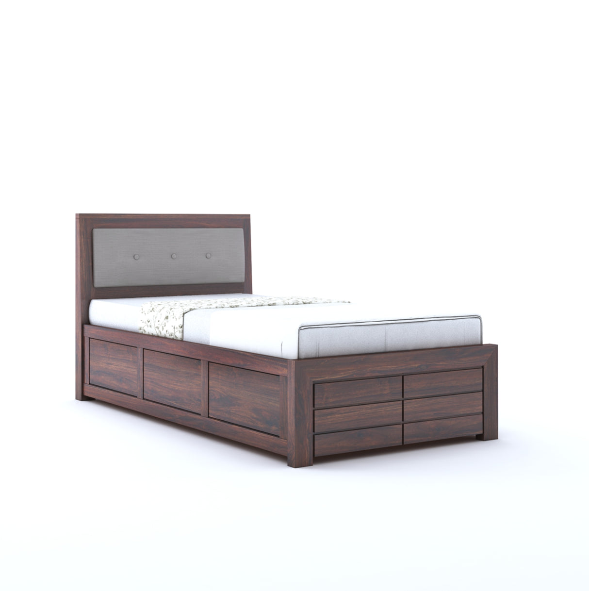 Euro Solid Sheesham Wood Single Bed With Box Storage - 3 Years Warranty