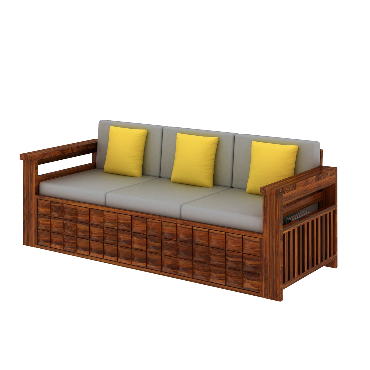 Oslo Solid Sheesham Wood 3 Seater Sofa With Side Pockets - 3 Years Warranty