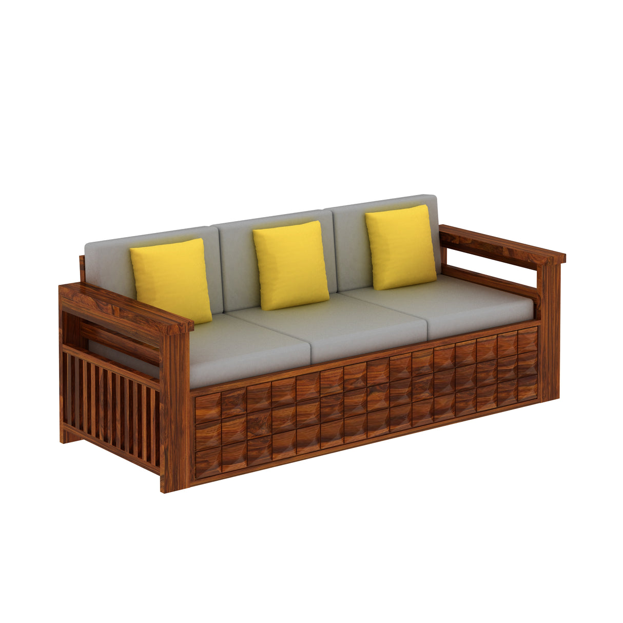 Oslo Solid Sheesham Wood 3 Seater Sofa With Side Pockets - 3 Years Warranty