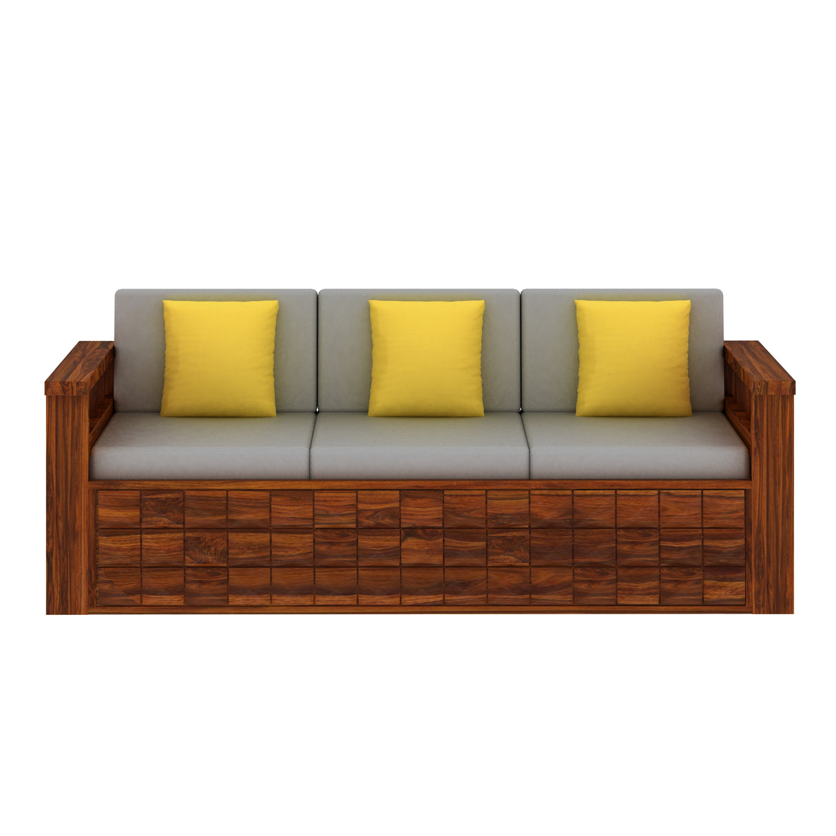 Oslo Solid Sheesham Wood 3 Seater Sofa With Side Pockets - 3 Years Warranty