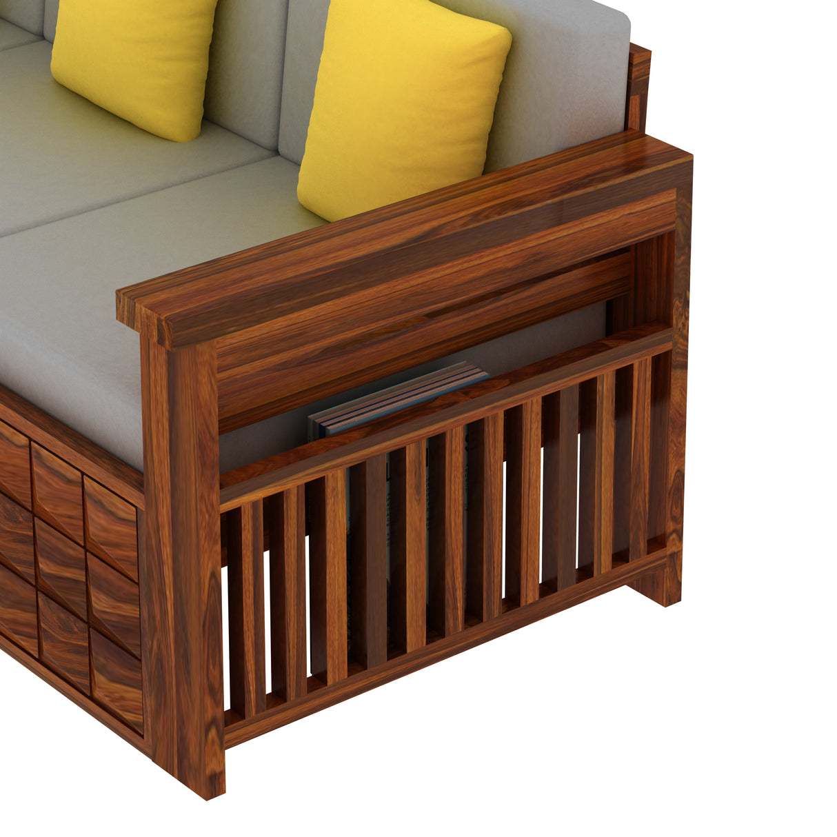 Oslo Solid Sheesham Wood 3 Seater Sofa With Side Pockets - 3 Years Warranty