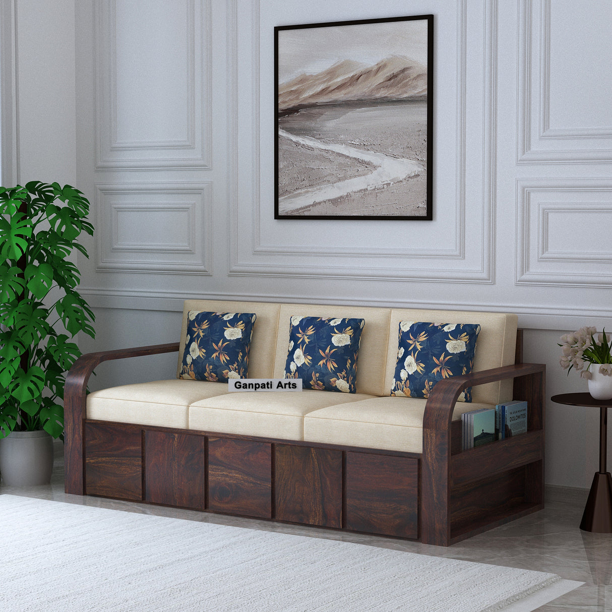 Scott Solid Sheesham Wood 3 Seater Sofa With Side Pockets - 3 years Warranty