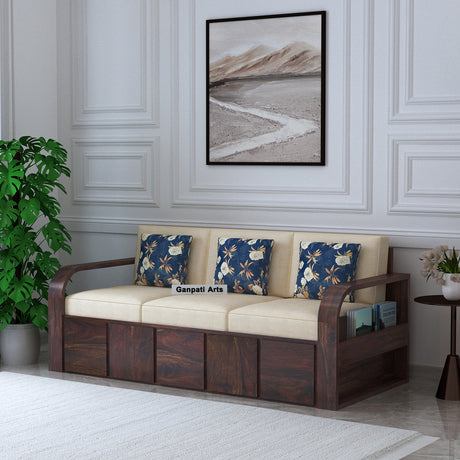 Scott Solid Sheesham Wood 3 Seater Sofa With Side Pockets - 3 years Warranty