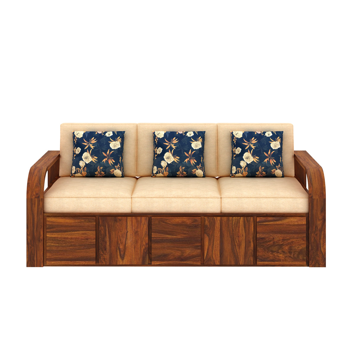 Scott Solid Sheesham Wood 3 Seater Sofa With Side Pockets - 3 years Warranty