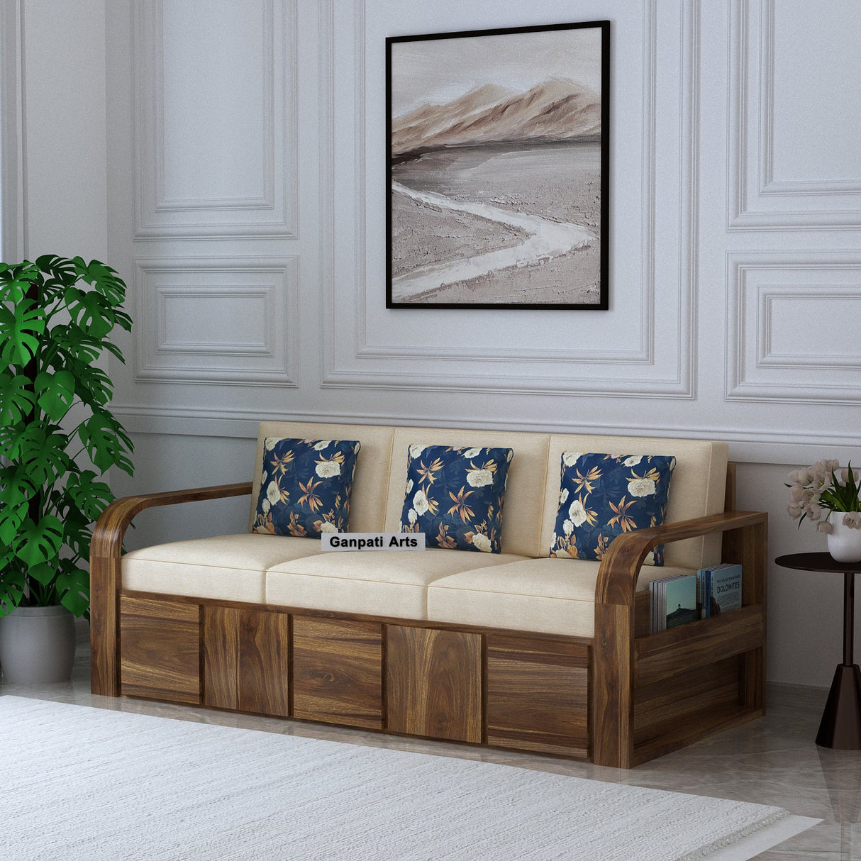 Scott Solid Sheesham Wood 3 Seater Sofa With Side Pockets - 3 years Warranty