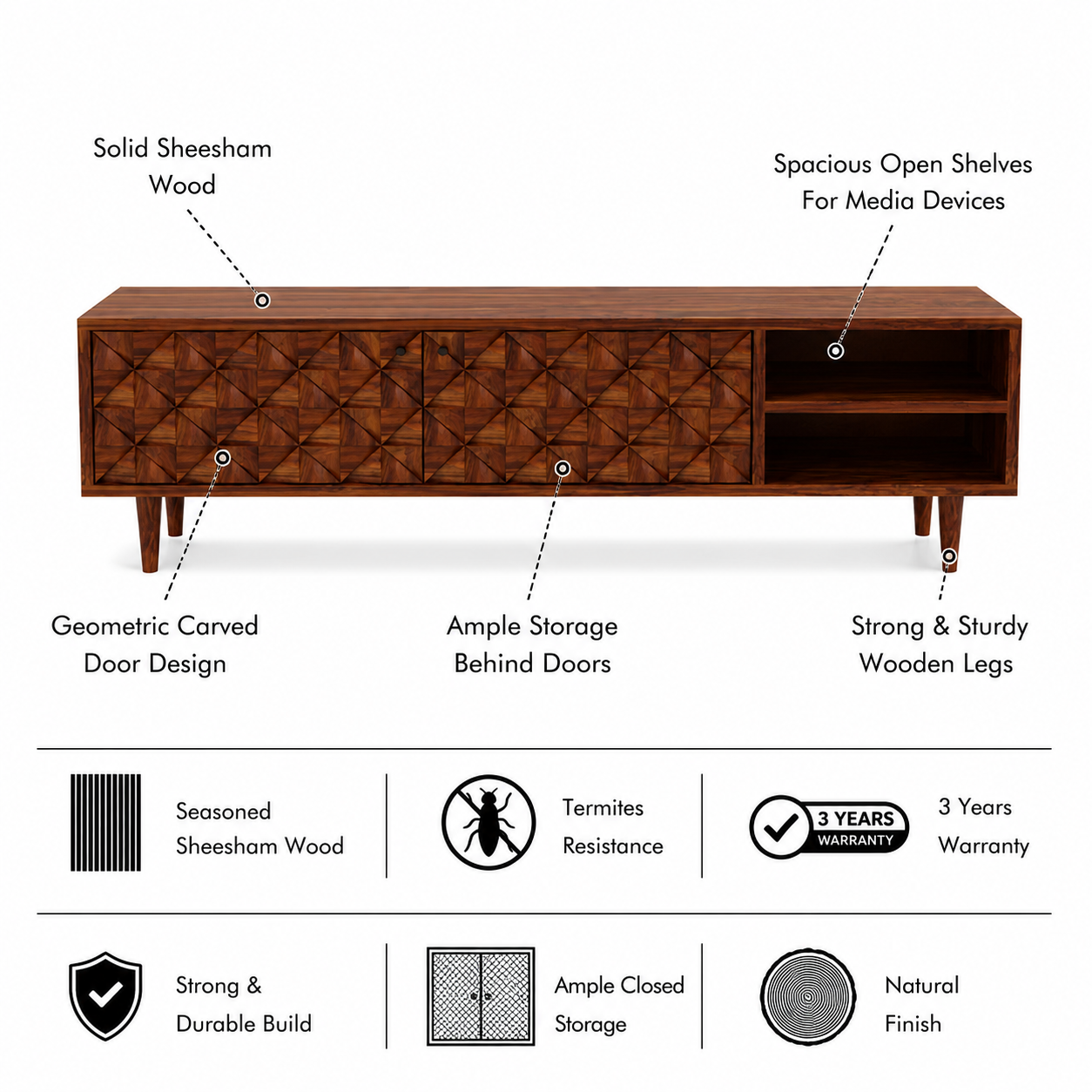 Raj Solid Sheesham Wood Tv Unit - 3 Years Warranty features