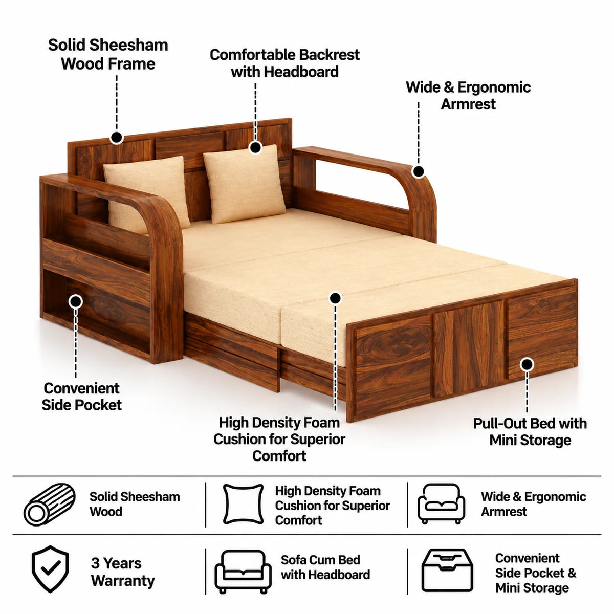 Scott Solid Sheesham Wood 2 Seater Sofa Cum Bed With Headboard and Mini Storage - 3 Years Warranty