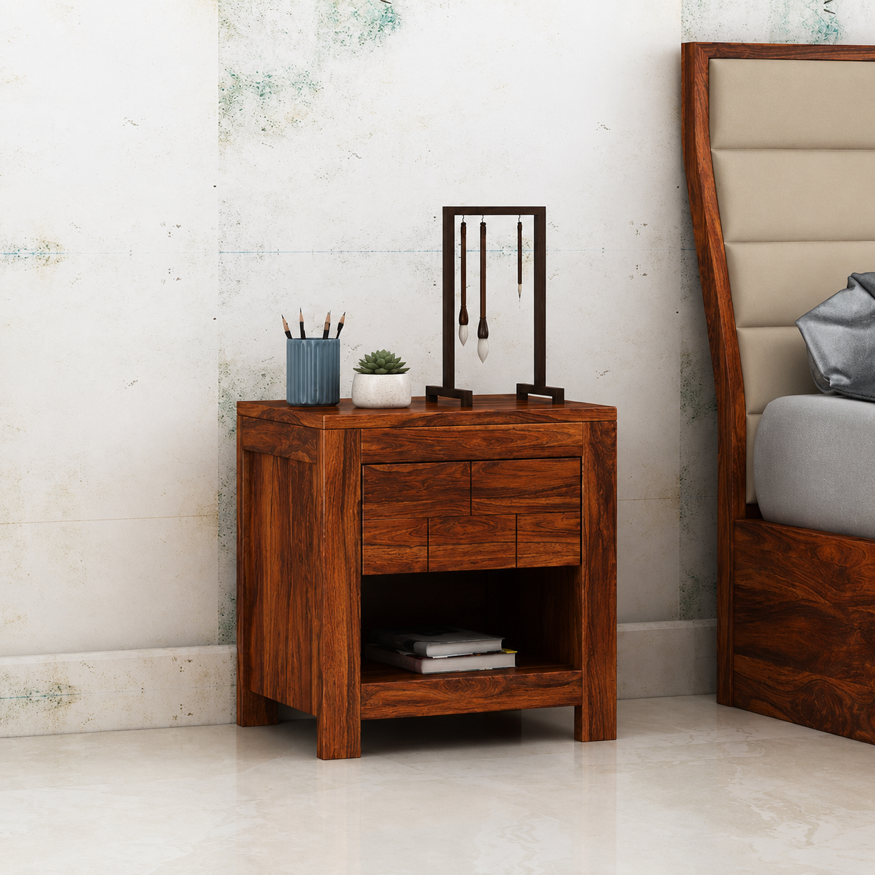 Italian Solid Sheesham Wood Bedside With One Drawer Storage - 3 Years Warranty