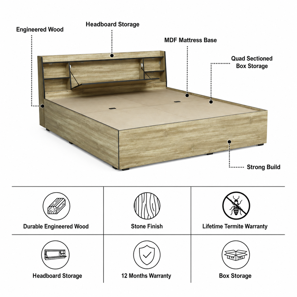 Vento Engineered Wood Bed with Box and Headboard Storage (STONE) - 12 Months Warranty features