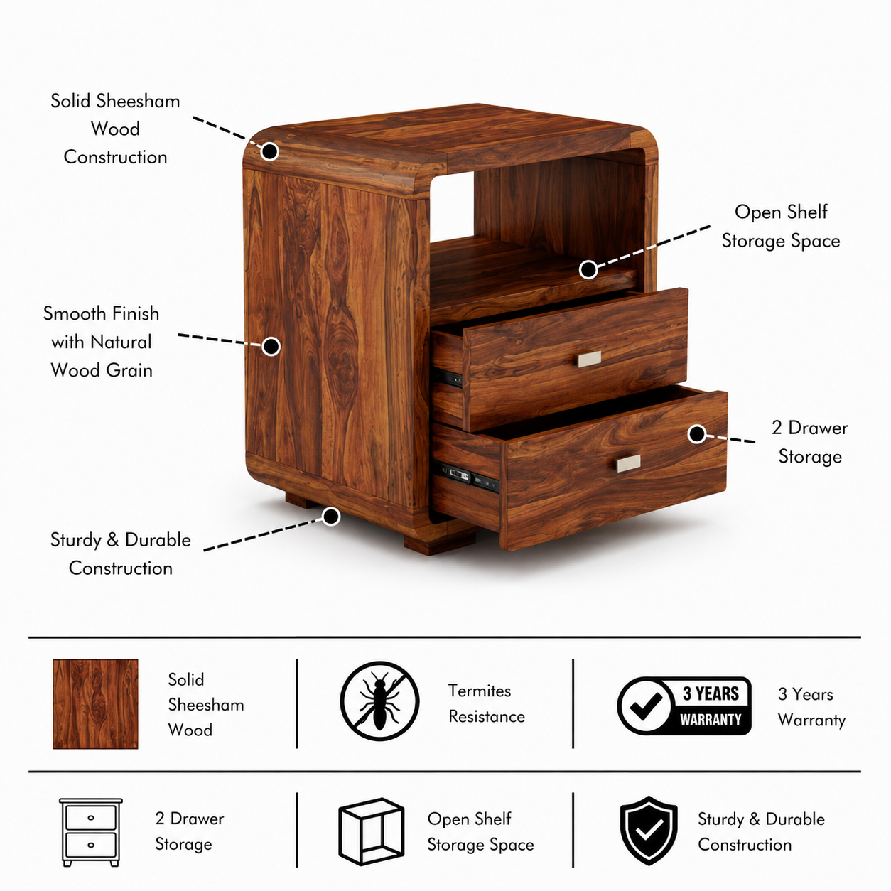 Mega Solid Sheesham Wood Bedside Table With Two Drawer Storage - 3 Years Warranty features