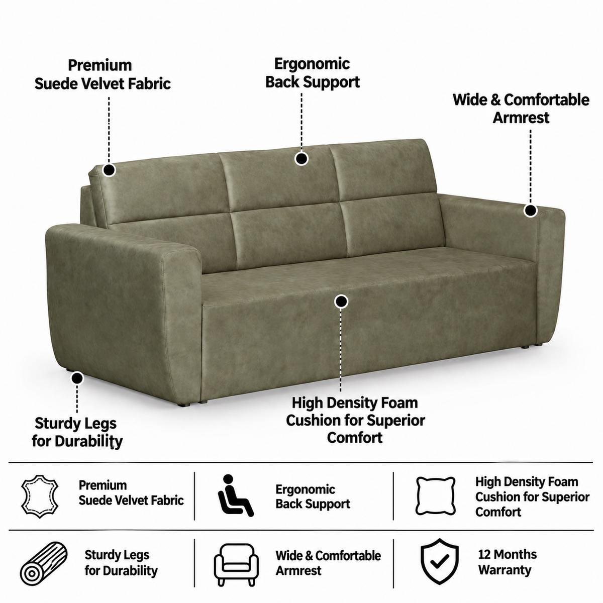 Roman Three Seater Upholstered Sofa Velvet - 12 Months Warranty - Beige Suede features