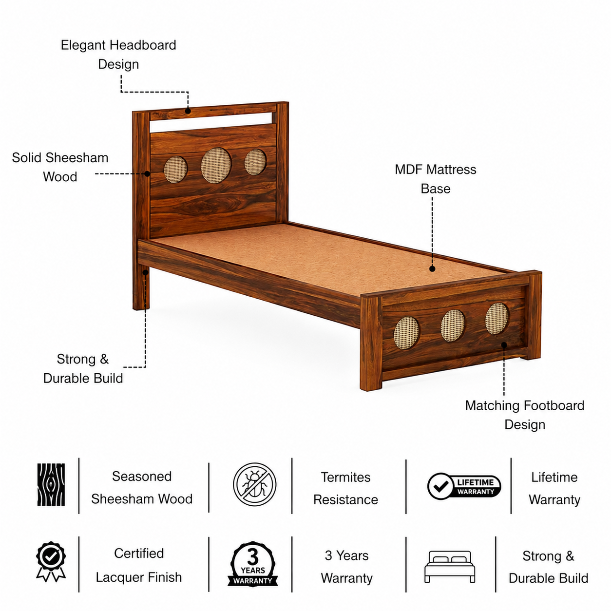 Cosmos Solid Sheesham Wood Single Bed  - 3 years Warranty features