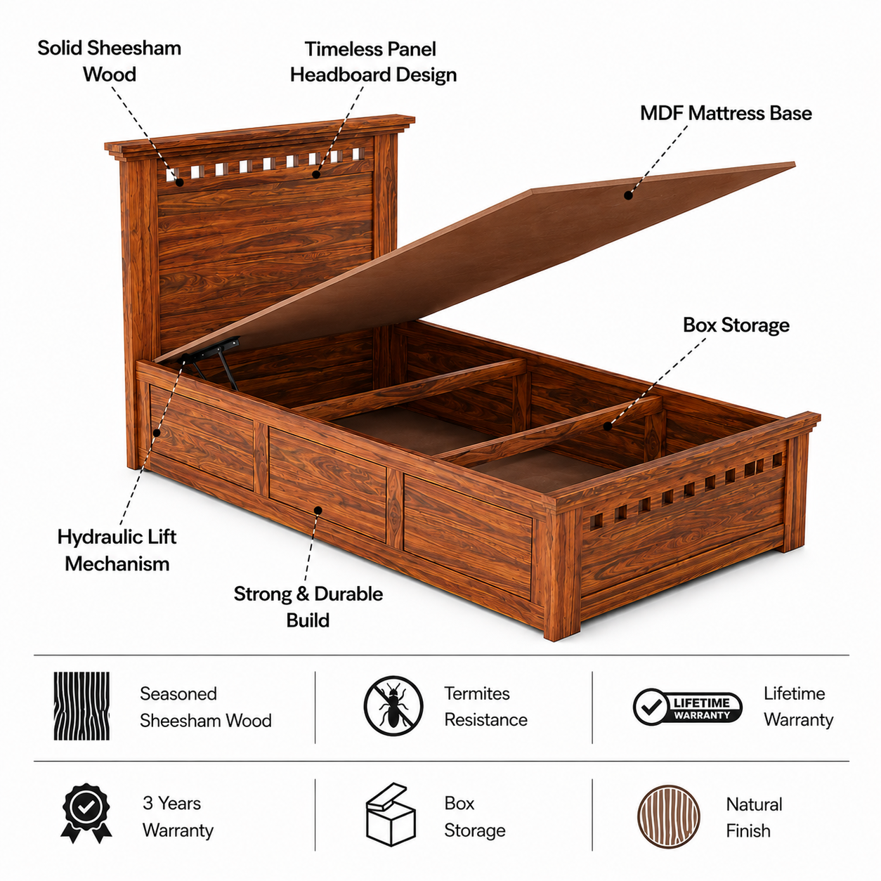 Armania Solid Sheesham Wood Single Size Bed With Box Storage - 3 Years Warranty features