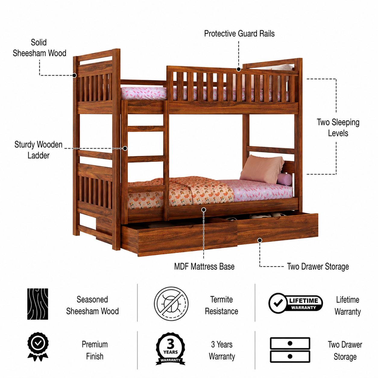 Swift Solid Sheesham Wood Bunk Bed With Ladder & Two Drawer Storage - 3 years Warranty features