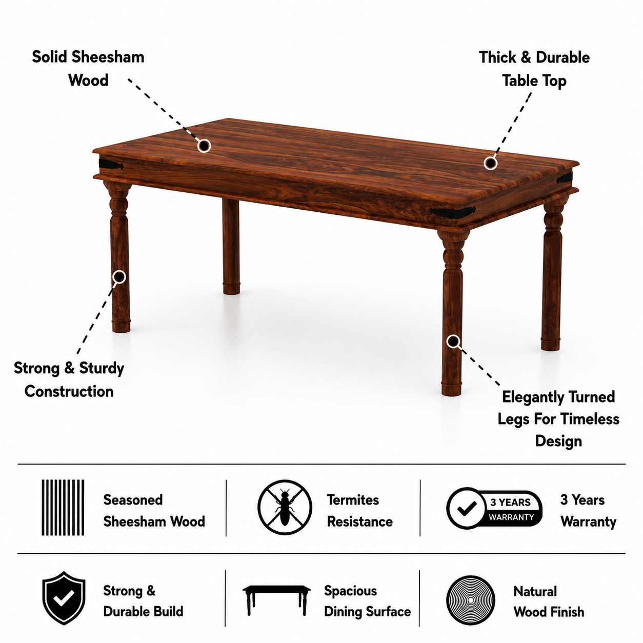 Akon Solid Sheesham Wood 6 Seater Dining Table Set - 3 Years Warranty features