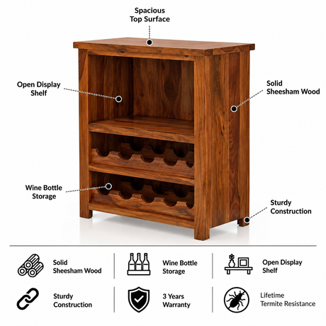 Jaipur Solid Sheesham Wood Wine Display Unit - 3 Years Warranty