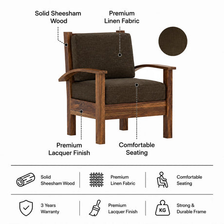 DELTA Solid Sheesham Wood Single Seater Sofa - 3 Year Warranty (LUXE EDITION)