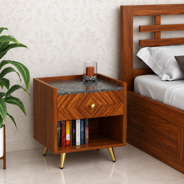 Wave Solid Sheesham Wood Bedside With Granite Top and Storage - 3 Years Warranty