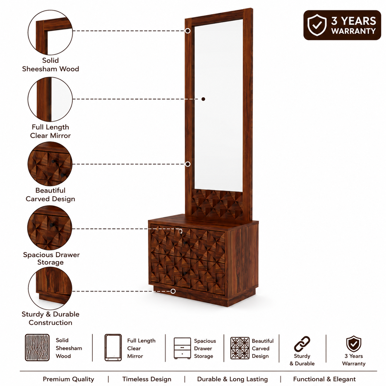 Raj Solid Sheesham Wood Dressing Table Mirror -  3 Years Warranty features
